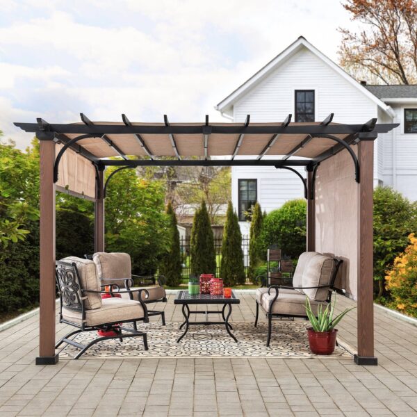 Sunjoy Outdoor Patio 11x11 Modern Metal Pergola Kit with Tan Adjustable Canopy - Image 5