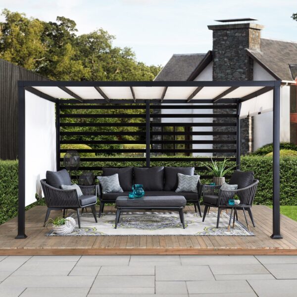 Sunjoy Outdoor Patio 10x12 Modern Metal Privacy Screen Pergola Kit with White Adjustable Canopy - Image 5