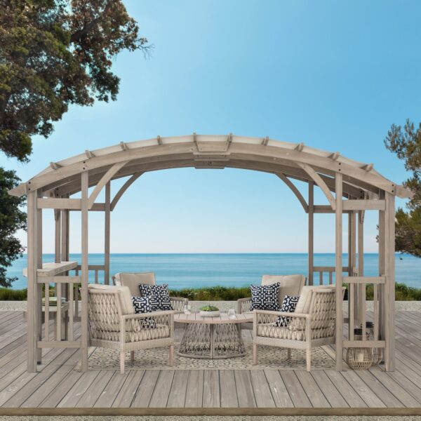 SummerCove Outdoor Patio 10x14 Modern Light Gray Wooden Frame Arched Pergola Kit with Shelves - Image 5
