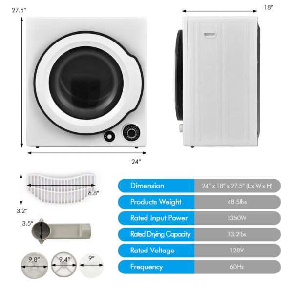 Costway Compact Laundry Dryer 2.5 Cu. Ft with Stainless Steel Drum 1350W New - Image 4