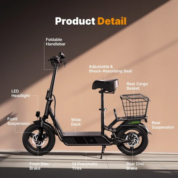 isinwheel Hyper X Electric Scooter with Seat and Basket 700W 21 MPH 28 Mile Range New - Image 9