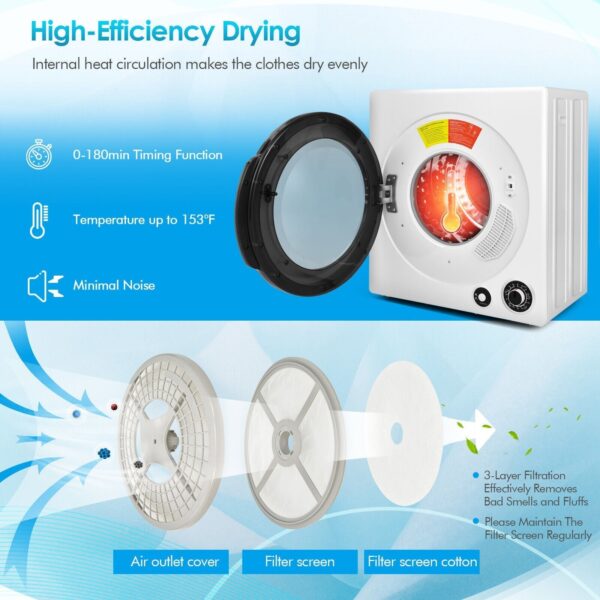 Costway Compact Laundry Dryer 2.5 Cu. Ft with Stainless Steel Drum 1350W New - Image 7
