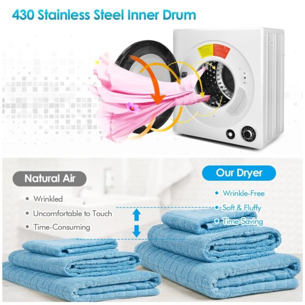 Costway Compact Laundry Dryer 2.5 Cu. Ft with Stainless Steel Drum 1350W New - Image 6