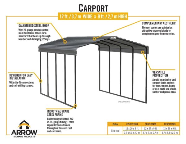 Arrow Carport, 12 ft. x 24ft. x 9ft. Charcoal 12′ x 24′ x 9′ - Image 2