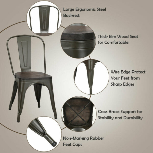 Costway Metal Dining Chairs Tolix Style with Stackable Wood Seat 4 Pieces New - Image 6