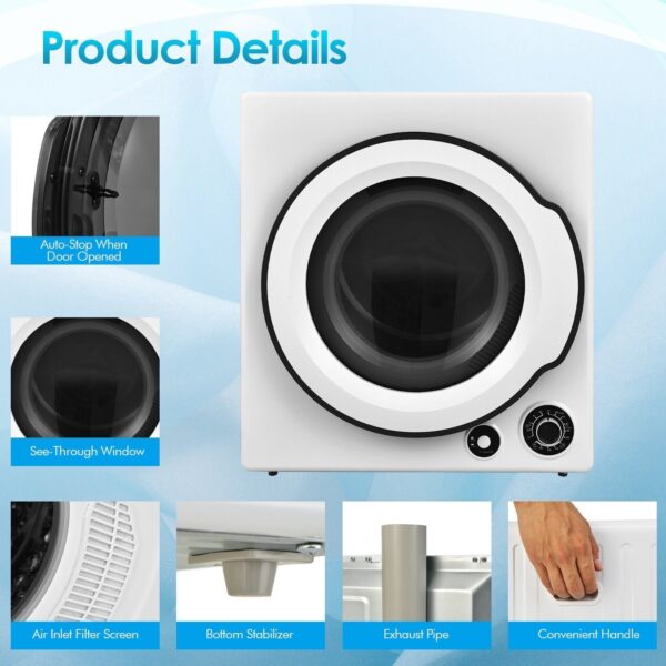 Costway Compact Laundry Dryer 2.5 Cu. Ft with Stainless Steel Drum 1350W New - Image 8
