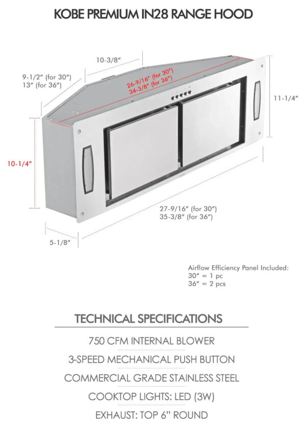 Kobe IN28 Premium Range Hood Insert 30" 3-Speed 750 CFM with Airflow Efficiency New - Image 5