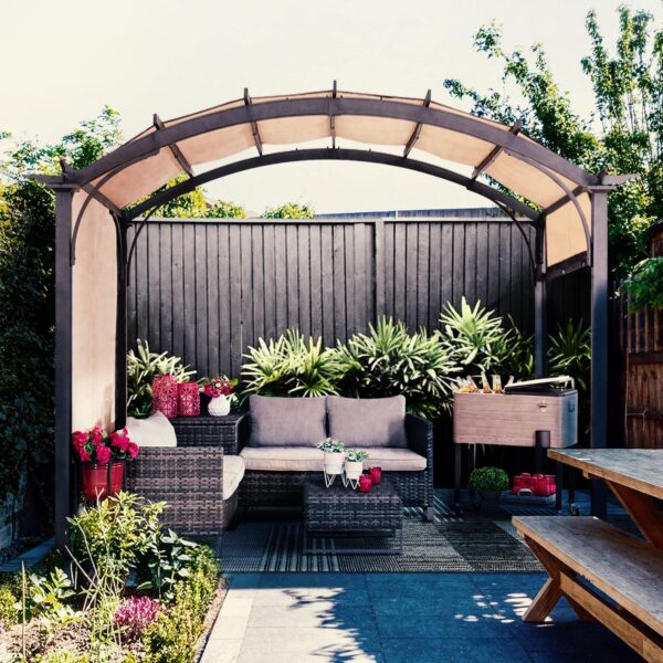 Sunjoy Outdoor Patio 9.5x11 Modern Tan Metal Arched Pergola Kit with Adjustable Canopy - Image 6