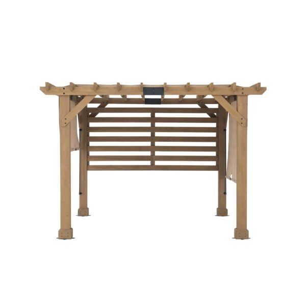 Sunjoy Outdoor Patio 10x11 Modern Wooden Frame Privacy Screen Hot Tub Pergola Kit with Tan Adjustable Canopy