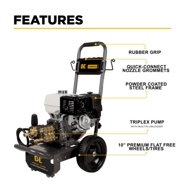BE Pressure Washer Cold Water Triplex Pump 3,200 PSI 5.2 GPM Honda GX390 Engine New - Image 2