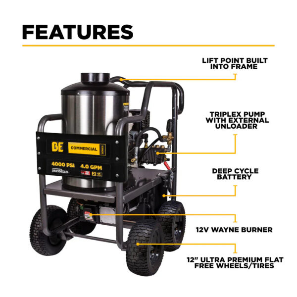 BE Pressure Washer Hot Water Triplex Pump 4000 PSI 4 GPM Honda GX390 Engine New - Image 2