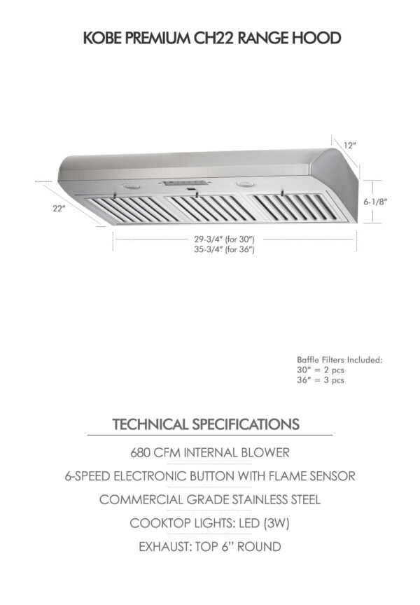 Kobe CH22 Premium Range Hood Under Cabinet 36" Automatic 6-Speed 680 CFM New - Image 5