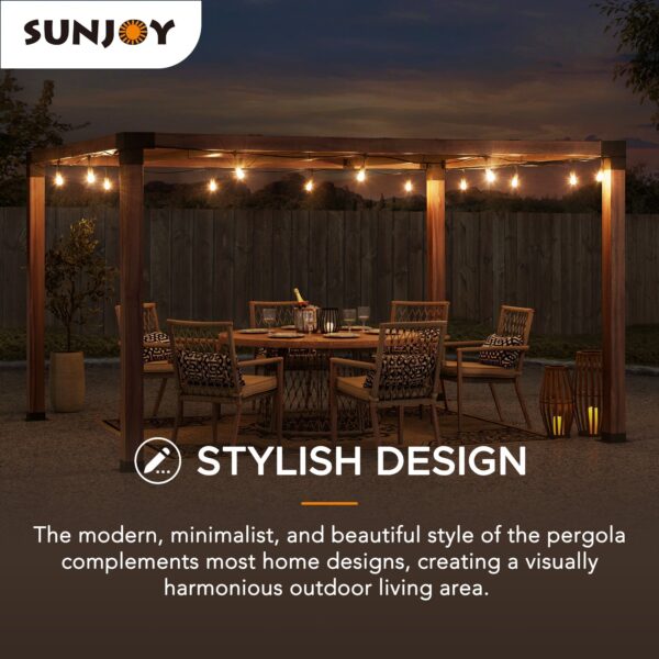 Sunjoy Outdoor Patio 10x12 Modern Black Metal Frame Pergola Kit with Nature Wood Grain Finish - Image 7