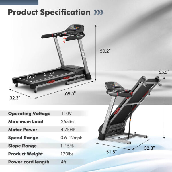 Costway Folding Treadmill 4.75 HP with Auto Incline and 20 Preset Programs New - Image 9