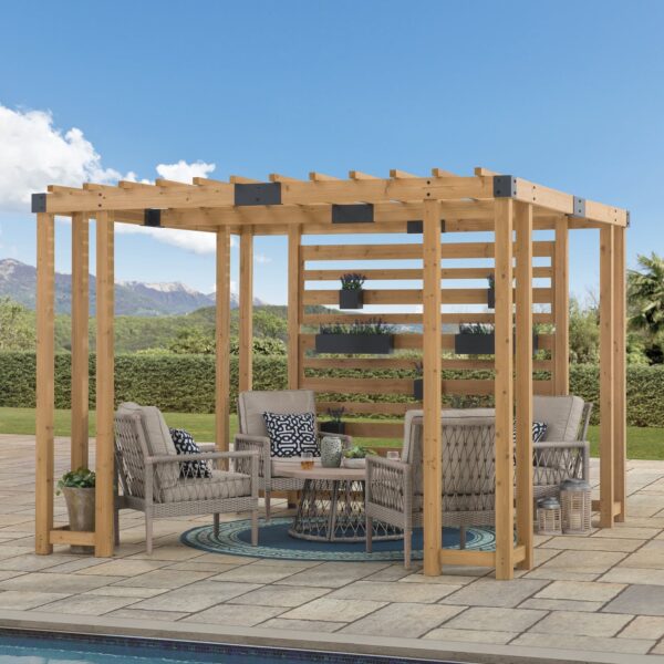 Sunjoy Outdoor Patio 10x10 Modern Wooden Privacy Screen Pergola Kit with Adjustable Hanging Planters - Image 4