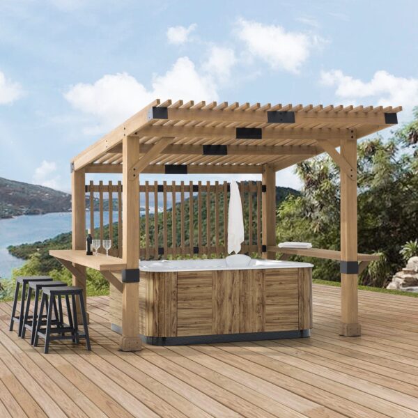 Sunjoy Outdoor Patio Grill Gazebo 10x11 Wooden Frame Hot Tub Pergola Kit with Privacy Screen and Large Bar Shelves - Image 2