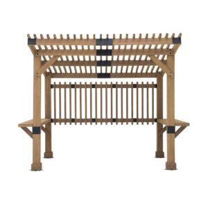 Sunjoy Outdoor Patio Grill Gazebo 10x11 Wooden Frame Hot Tub Pergola Kit with Privacy Screen and Large Bar Shelves