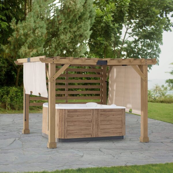 Sunjoy Outdoor Patio 10x11 Modern Wooden Frame Privacy Screen Hot Tub Pergola Kit with Tan Adjustable Canopy - Image 8