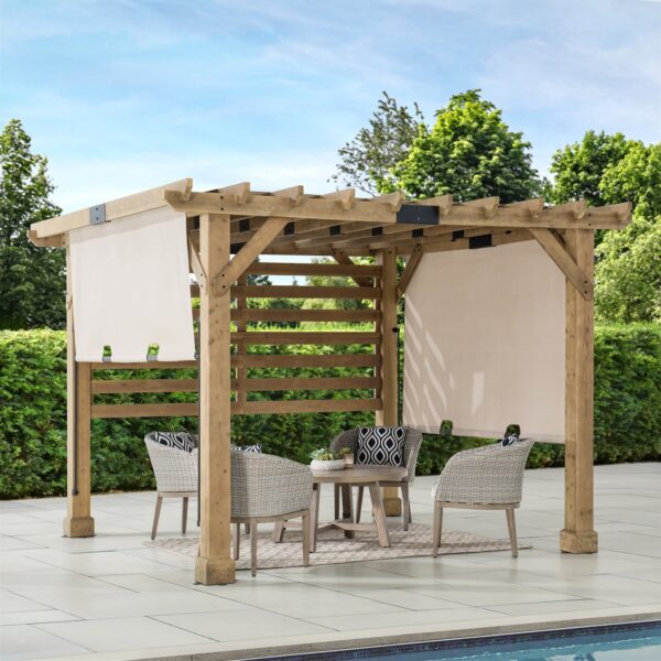 Sunjoy Outdoor Patio 10x11 Modern Wooden Frame Privacy Screen Hot Tub Pergola Kit with Tan Adjustable Canopy - Image 6