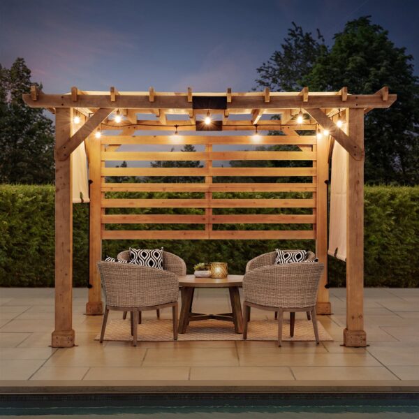 Sunjoy Outdoor Patio 10x11 Modern Wooden Frame Privacy Screen Hot Tub Pergola Kit with Tan Adjustable Canopy - Image 7