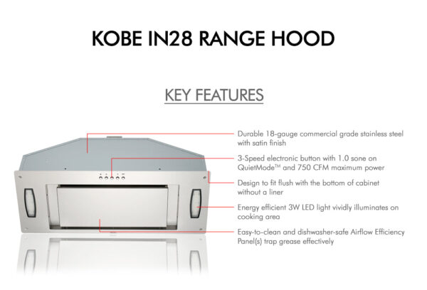 Kobe IN28 Premium Range Hood Insert 30" 3-Speed 750 CFM with Airflow Efficiency New - Image 4