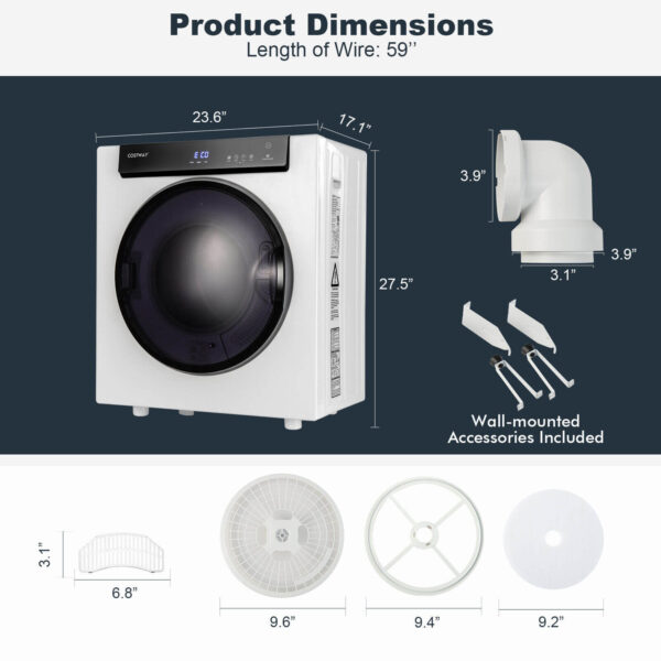 Costway Portable Laundry Dryer 2.6 Cu.ft with Touch Panel 1400W New - Image 3