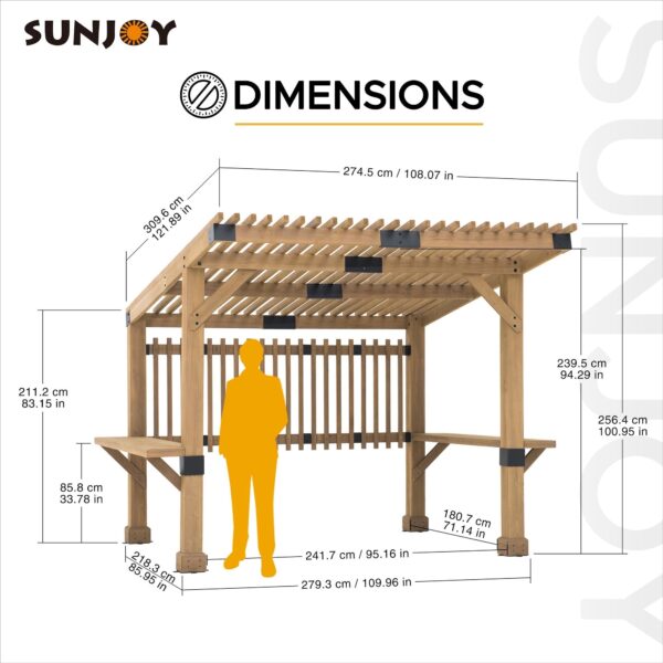 Sunjoy Outdoor Patio Grill Gazebo 10x11 Wooden Frame Hot Tub Pergola Kit with Privacy Screen and Large Bar Shelves - Image 6