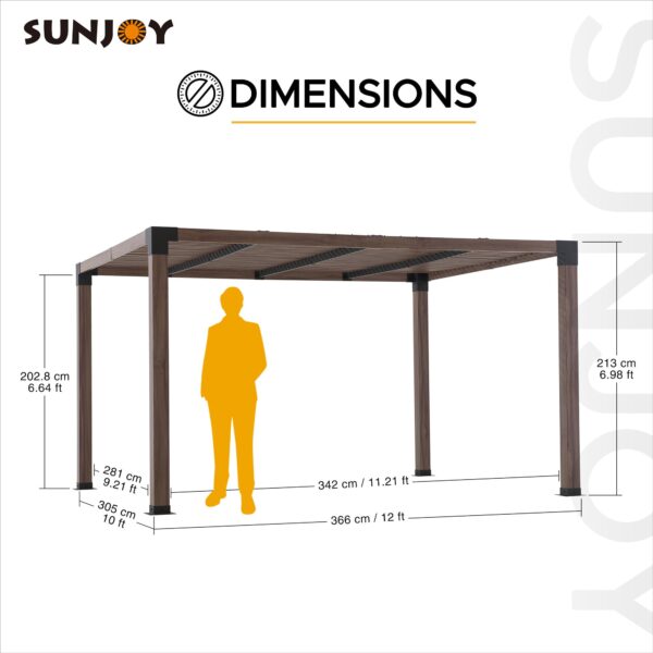 Sunjoy Outdoor Patio 10x12 Modern Black Metal Frame Pergola Kit with Nature Wood Grain Finish - Image 8