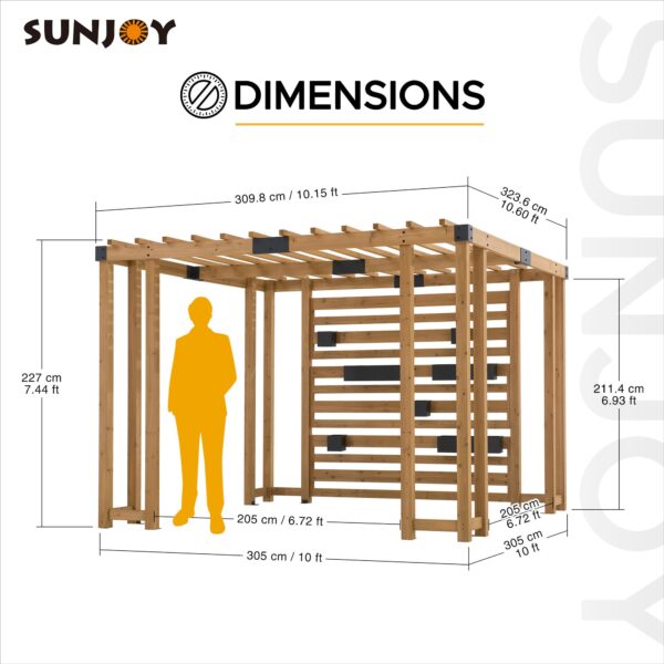 Sunjoy Outdoor Patio 10x10 Modern Wooden Privacy Screen Pergola Kit with Adjustable Hanging Planters - Image 9