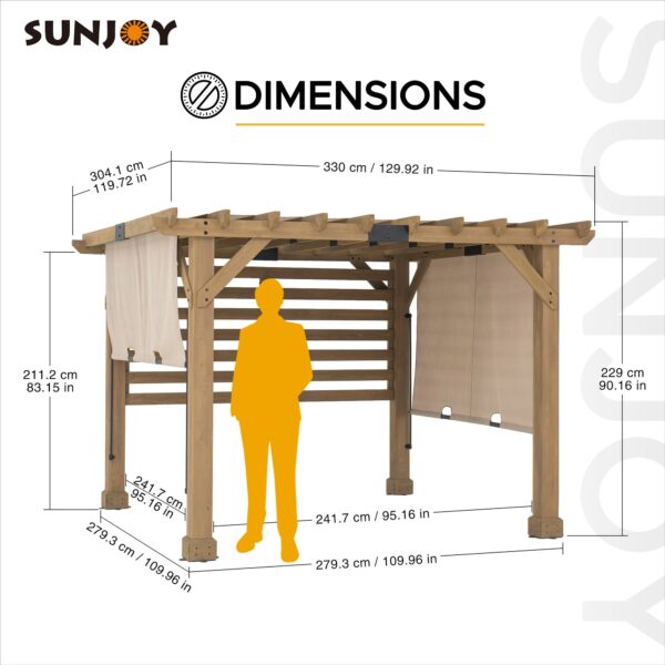 Sunjoy Outdoor Patio 10x11 Modern Wooden Frame Privacy Screen Hot Tub Pergola Kit with Tan Adjustable Canopy - Image 9