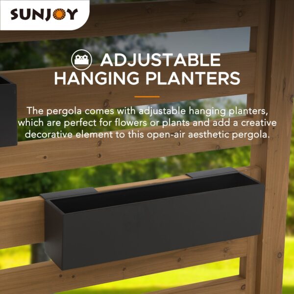 Sunjoy Outdoor Patio 10x10 Modern Wooden Privacy Screen Pergola Kit with Adjustable Hanging Planters - Image 8