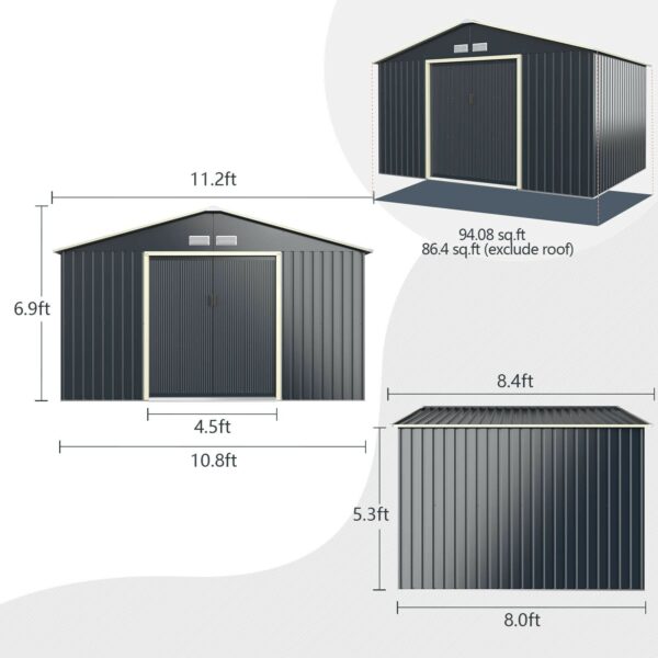 Costway Metal Storage Shed 11' x 8' with Sliding Double Lockable Doors New - Image 7