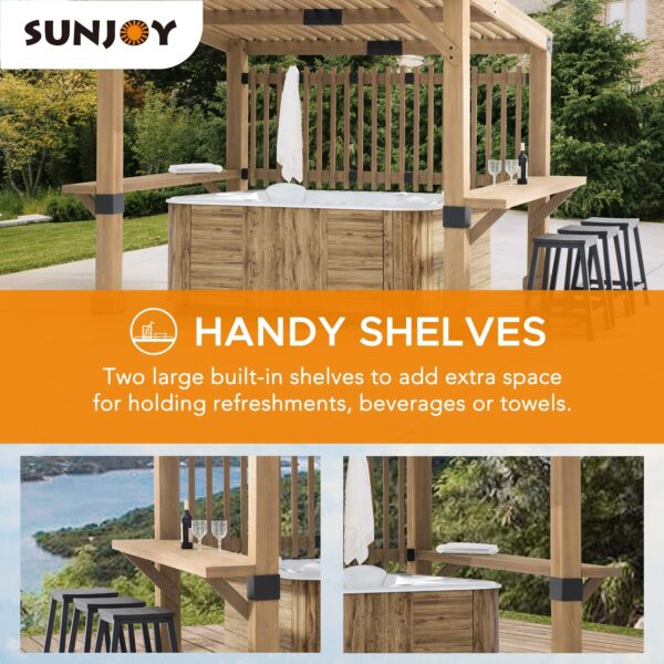Sunjoy Outdoor Patio Grill Gazebo 10x11 Wooden Frame Hot Tub Pergola Kit with Privacy Screen and Large Bar Shelves - Image 4