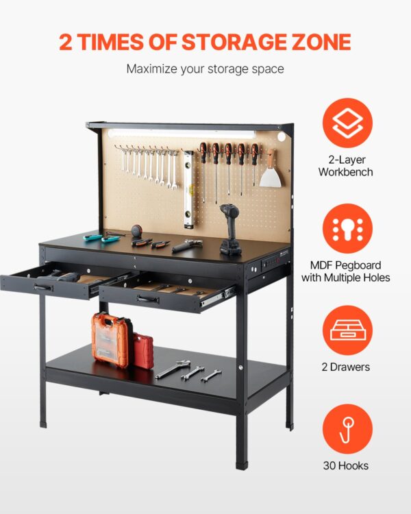 Vevor Work Bench with 47" Pegboard LED Lighting 242 Lbs Capacity New - Image 6