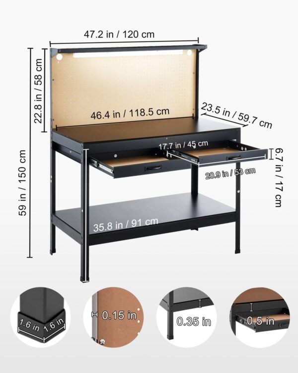 Vevor Work Bench with 47" Pegboard LED Lighting 242 Lbs Capacity New - Image 7