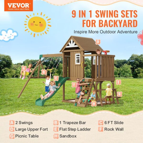 Vevor Wooden Swing Set 9-In-1 Outdoor Playground Set with Slide New - Image 2
