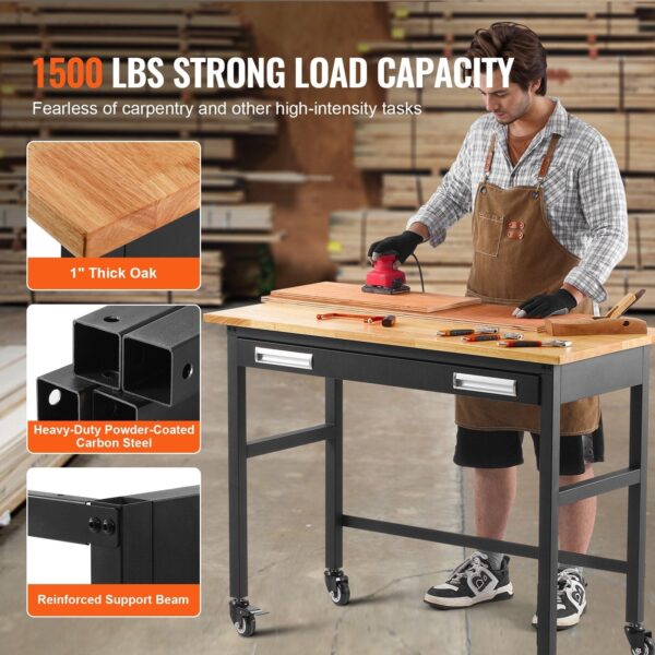 Vevor Work Bench on Wheels 48" Wood Top Table with Drawer 1500 Lbs New - Image 3