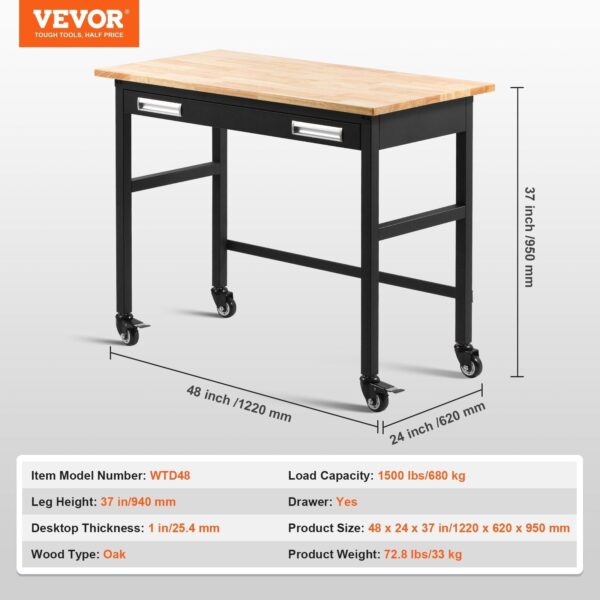 Vevor Work Bench on Wheels 48" Wood Top Table with Drawer 1500 Lbs New - Image 7