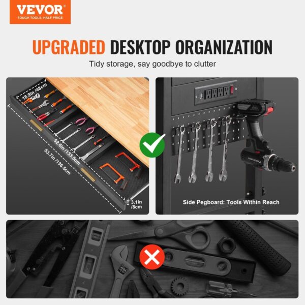 Vevor Work Bench on Wheels 60" Wood Top Height Adjustable with Power Outlet New - Image 2