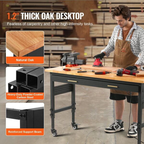Vevor Work Bench on Wheels 60" Wood Top Height Adjustable with Power Outlet New - Image 3