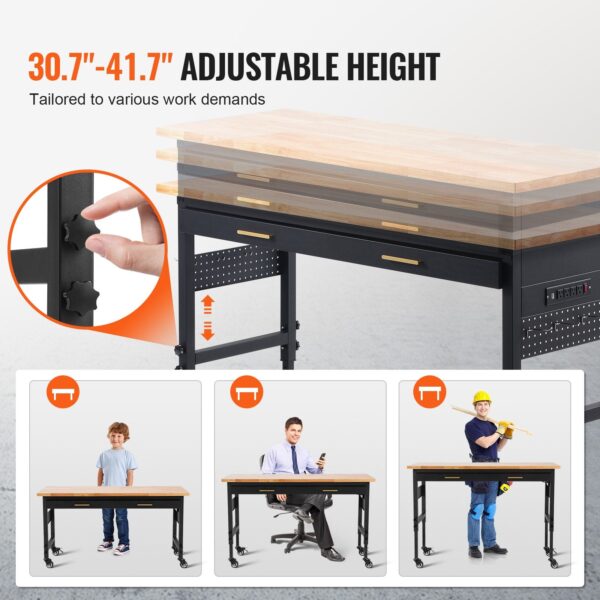 Vevor Work Bench on Wheels 60" Wood Top Height Adjustable with Power Outlet New - Image 4
