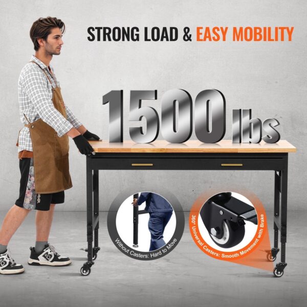 Vevor Work Bench on Wheels 60" Wood Top Height Adjustable with Power Outlet New - Image 5