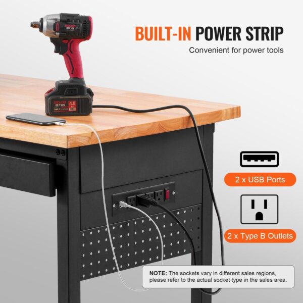 Vevor Work Bench on Wheels 60" Wood Top Height Adjustable with Power Outlet New - Image 6