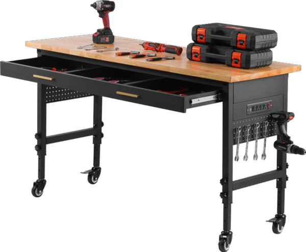 Vevor Work Bench on Wheels 60" Wood Top Height Adjustable with Power Outlet New