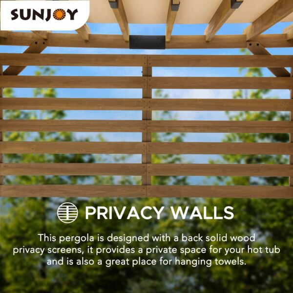 Sunjoy Outdoor Patio 10x11 Modern Wooden Frame Privacy Screen Hot Tub Pergola Kit with Tan Adjustable Canopy - Image 11